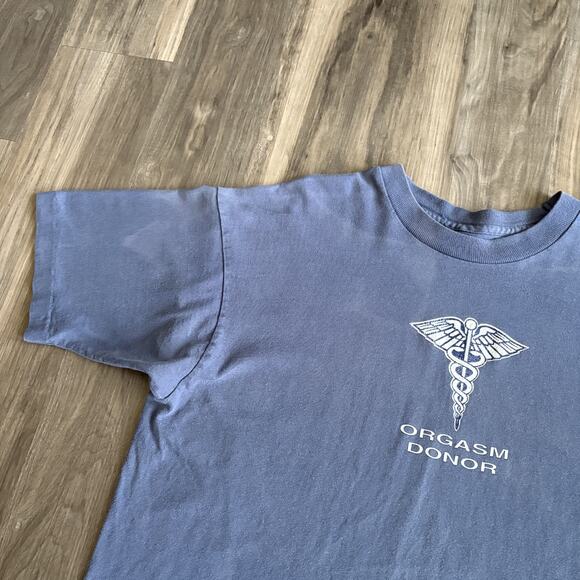 Vintage 1990s Orgasm Donor T-Shirt Men's Size L Faded Blue Sex Funny Sun Faded - Picture 6 of 10